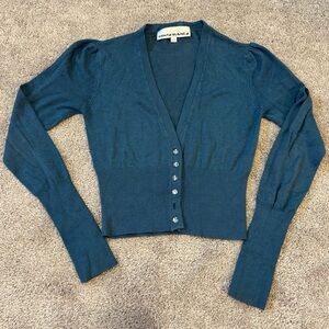 Costa Blanca Blue V-Neck Cropped Cardigan with Crystal Like Buttons Size Small